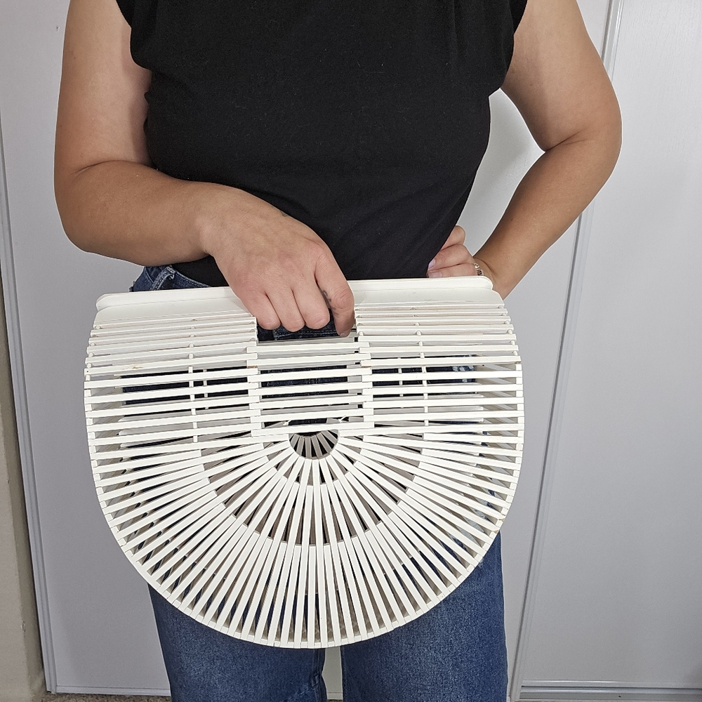 Vintage Bamboo Ark Handbag Retro White Half Moon Structured Beach Minimalist - Picture 10 of 16